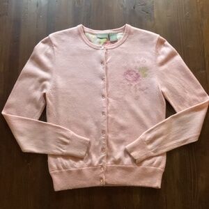 Fieldgear Silk Lined Cardigan Tussah Silk Blend Pink Floral Rhinestone Size S